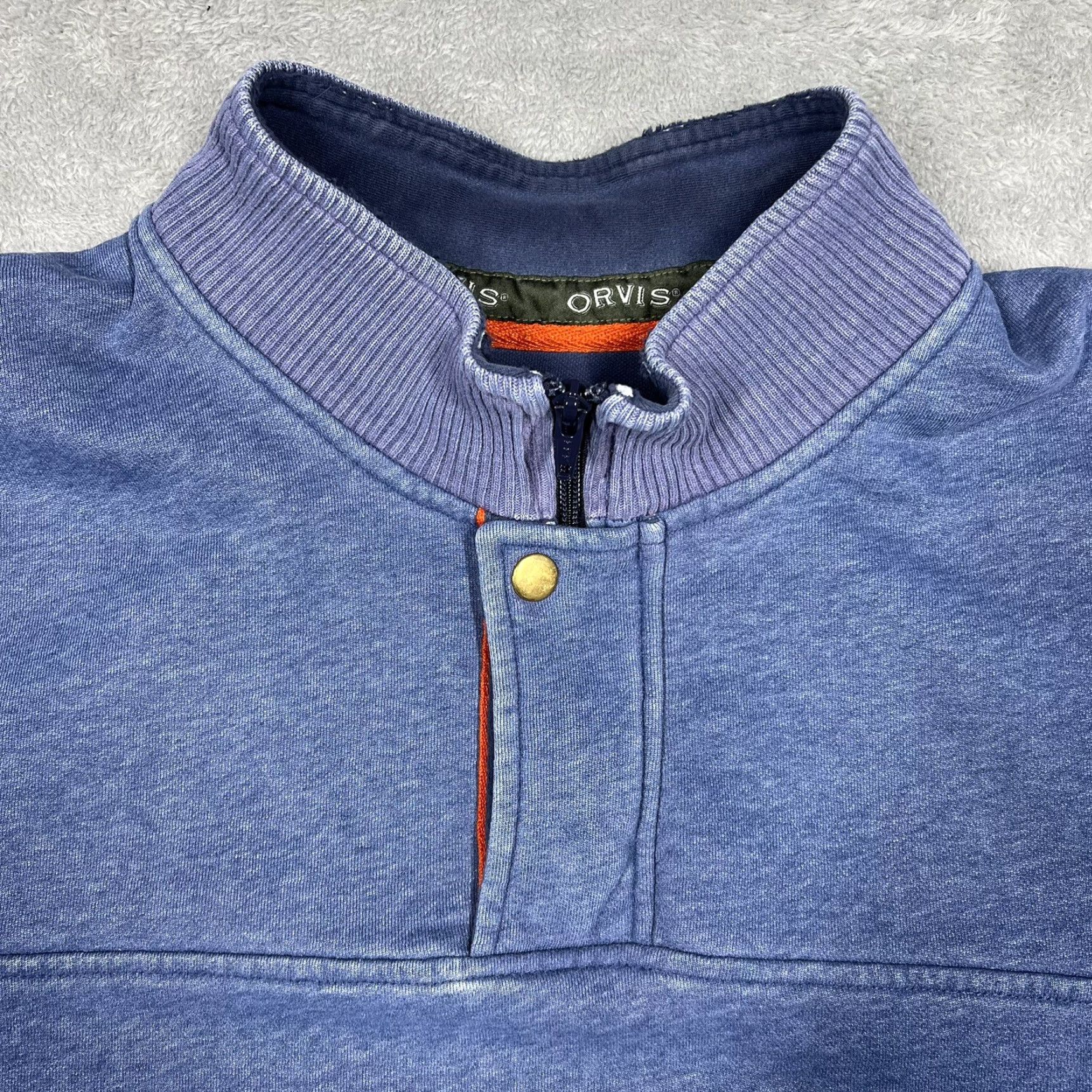 Orvis Orvis Men’s 2XL 1/4 Zip Sweatshirt Blue Pullover Knit Mock Neck Rib Cuff Button Snap All Seasons Casual Pullover Men’s Knit Top Fishing Logo 1/4 Zip Size US XXL / EU 58 / 5 - 6 Thumbnail