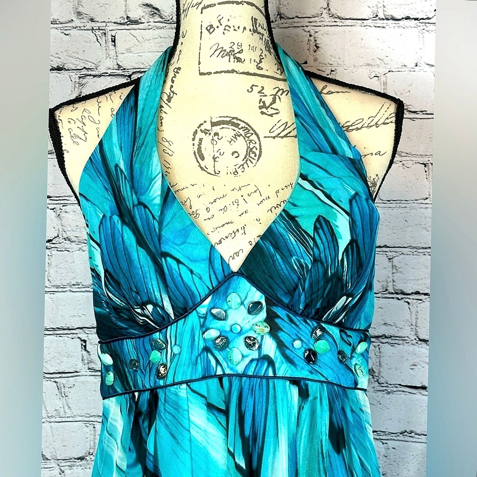 Bisou Bisou Halter Top Teal Blue Waterfall Gown - Size 14 -  threedaughtersproperties.com