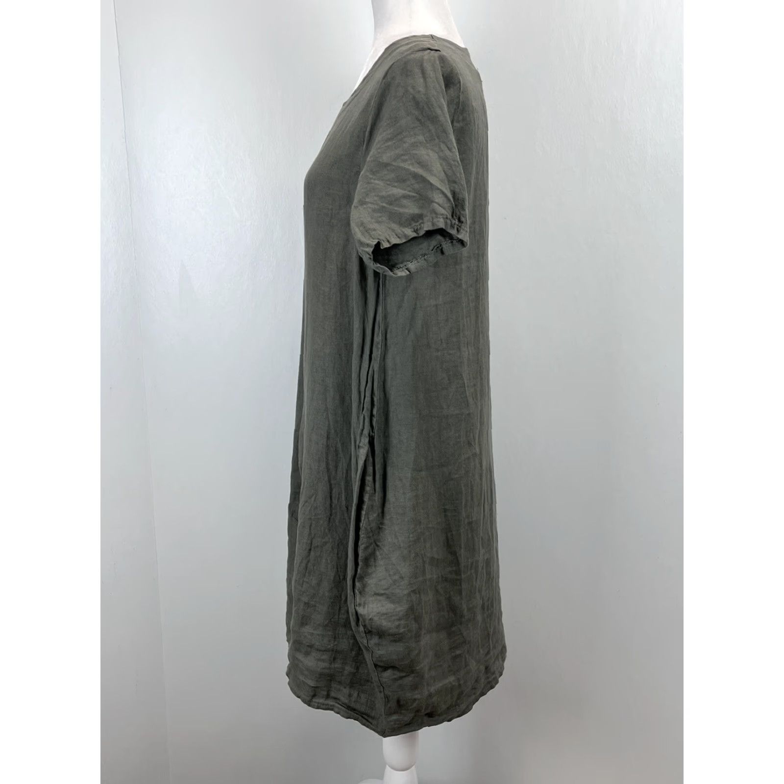 Vintage VINTAGE Unbranded Linen Tunic Shirt Dress M Green/Brown Ruched Lagenlook Knee-Length Women Size M / US 6-8 / IT 42-44 - 3 Thumbnail
