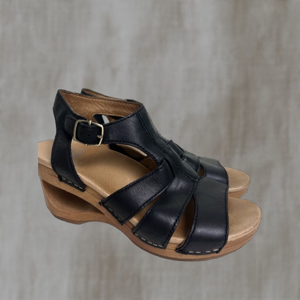 Dansko Trudy Wedge Cut Out Sandals T-Strap Black Leather Sz 37 6.5/7 Sandal Women Buckle Leather Upper Adjustable Strap Vintage No