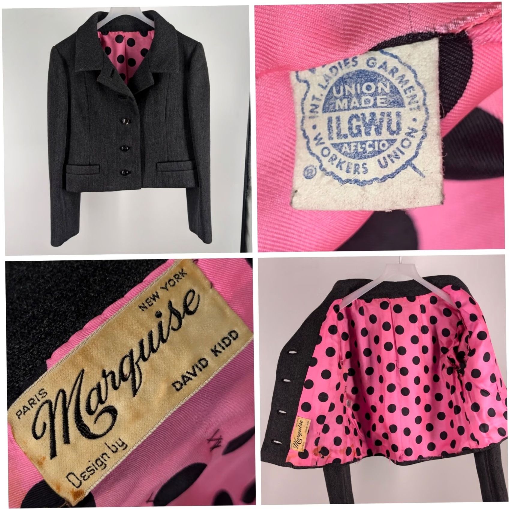 Vintage VINTAGE Marquise by David Kidd Wool Cropped Jacket Gray Pink Polka Dot Mod 1960s Mens 34" Chest Size XXS / US 00 / IT 34 - 2 Thumbnail