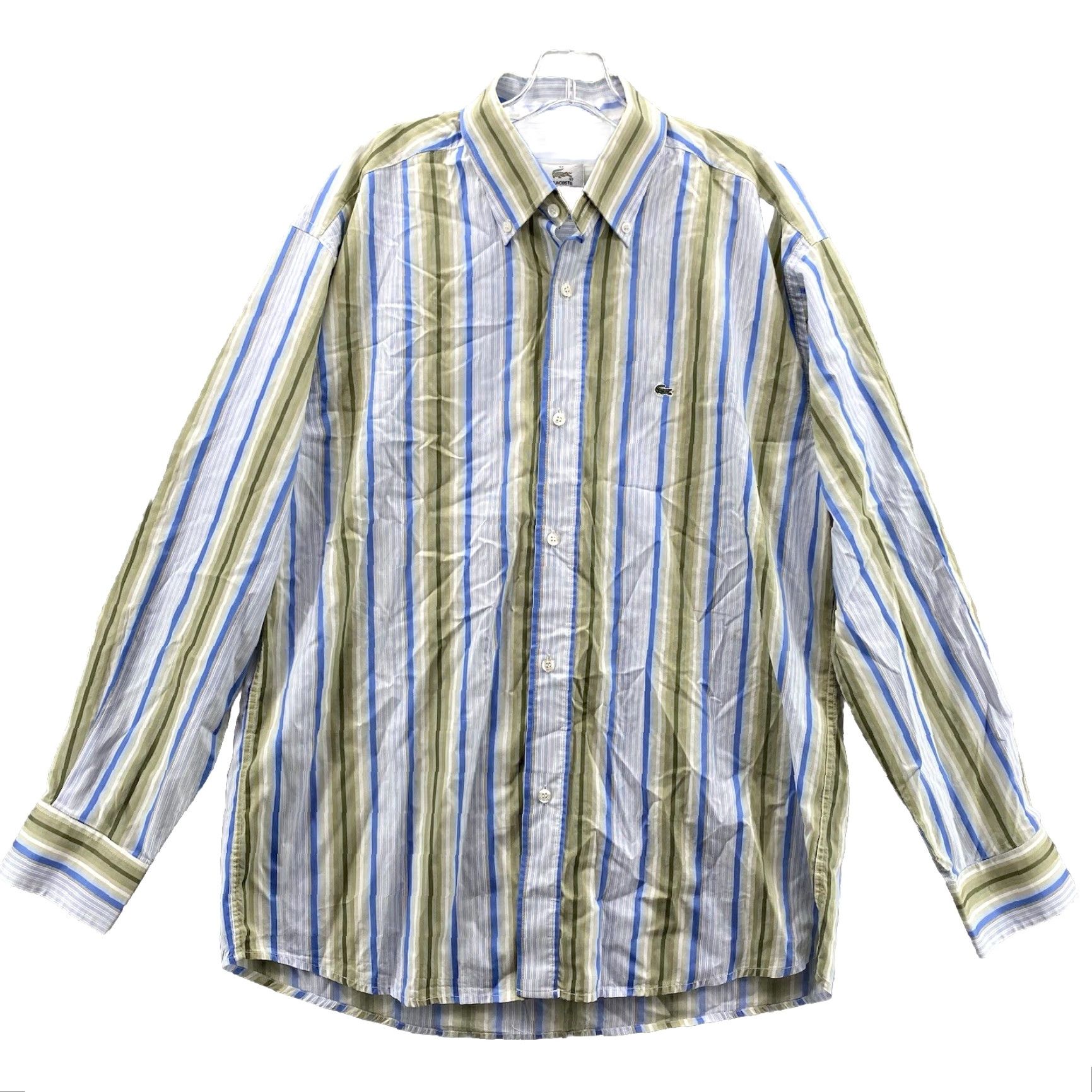 Lacoste VINTAGE Lacoste Dress Shirt Men's 42/Large Gray White Green Striped Corp Core Academia Size 42R - 2 Thumbnail