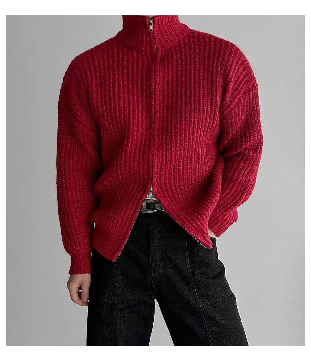 Japanese Brand Vintage Double Zipper Red Knit Stand-Up Jacket Coat Size US M / EU 48-50 / 2 - 3 Thumbnail