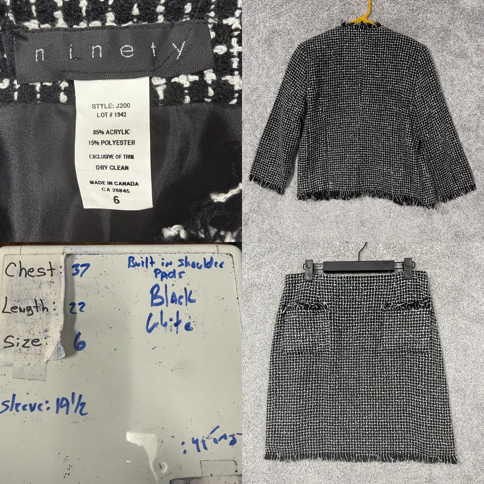 Vintage VINTAGE Ninety Two Piece Tweed Skirt Suit Set Jacket Skirt Black Check 3/4 Sleeve Office Siren Dark Academia Womens 10 Size 32" / US 10 / IT 46 - 8 Thumbnail