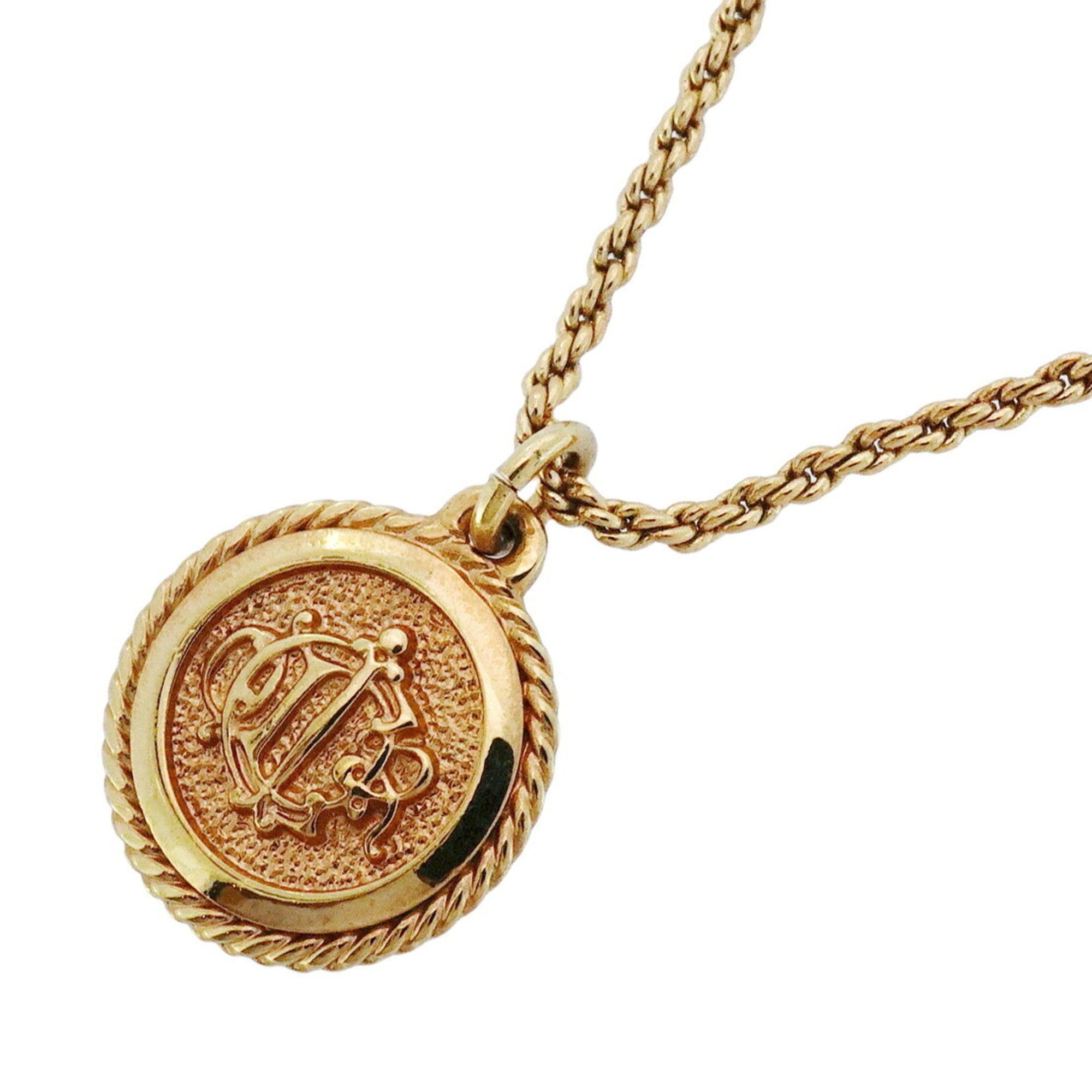 Christian Dior Emblem Circle Necklace GP Plated Gold Women's