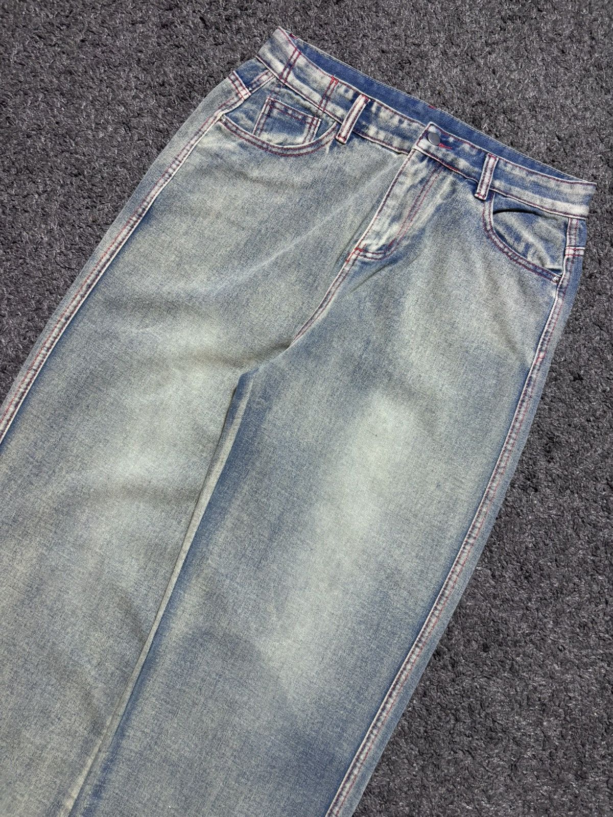 JNCO Vintage rare fire skulls embroidered gray blue baggy jeans Size US 33 - 11 Thumbnail