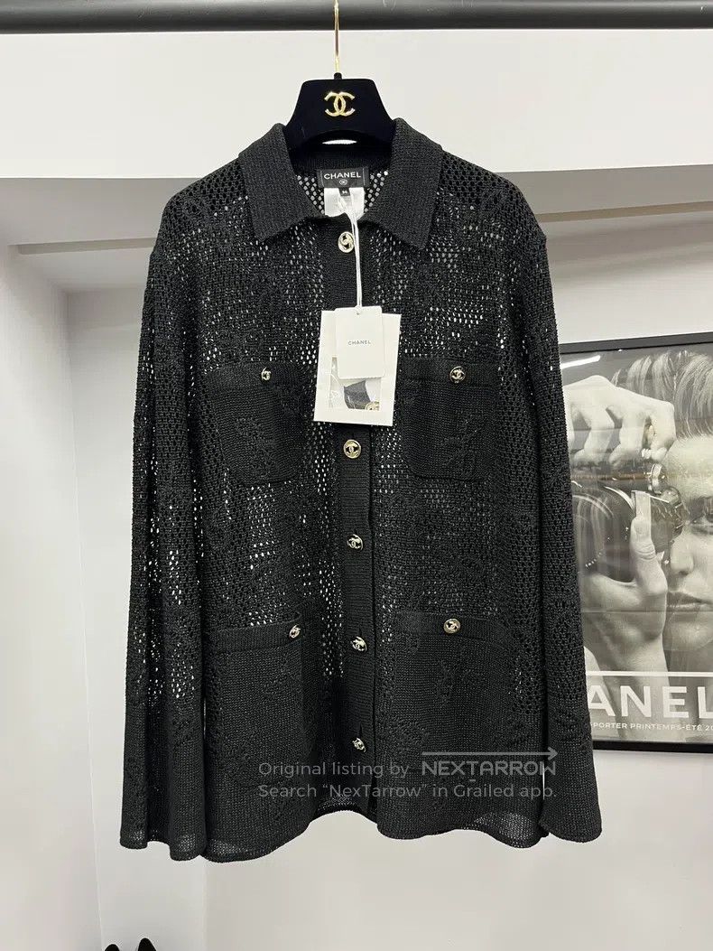 Chanel 24P black hollow bow four-pocket knitted cardigan c