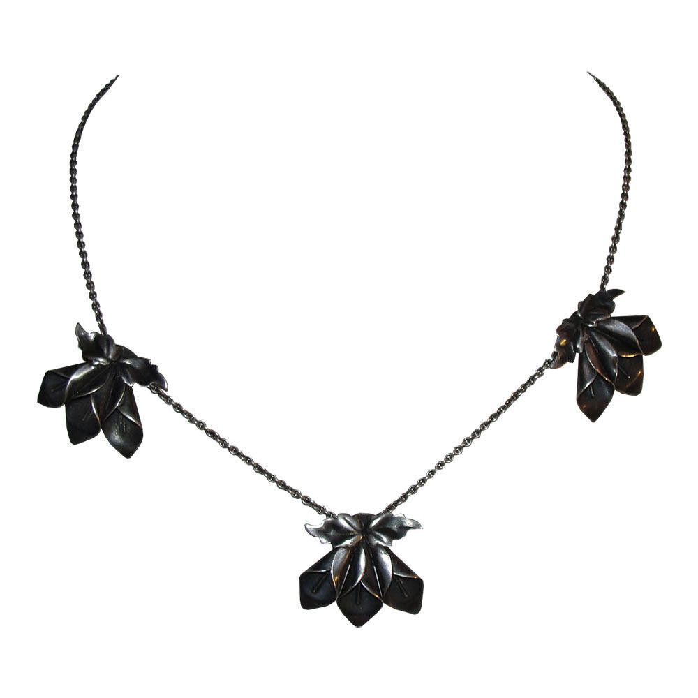 Designer Art Nouveau Sterling Triple Flower Stations Necklace Size ONE SIZE - 2 Thumbnail