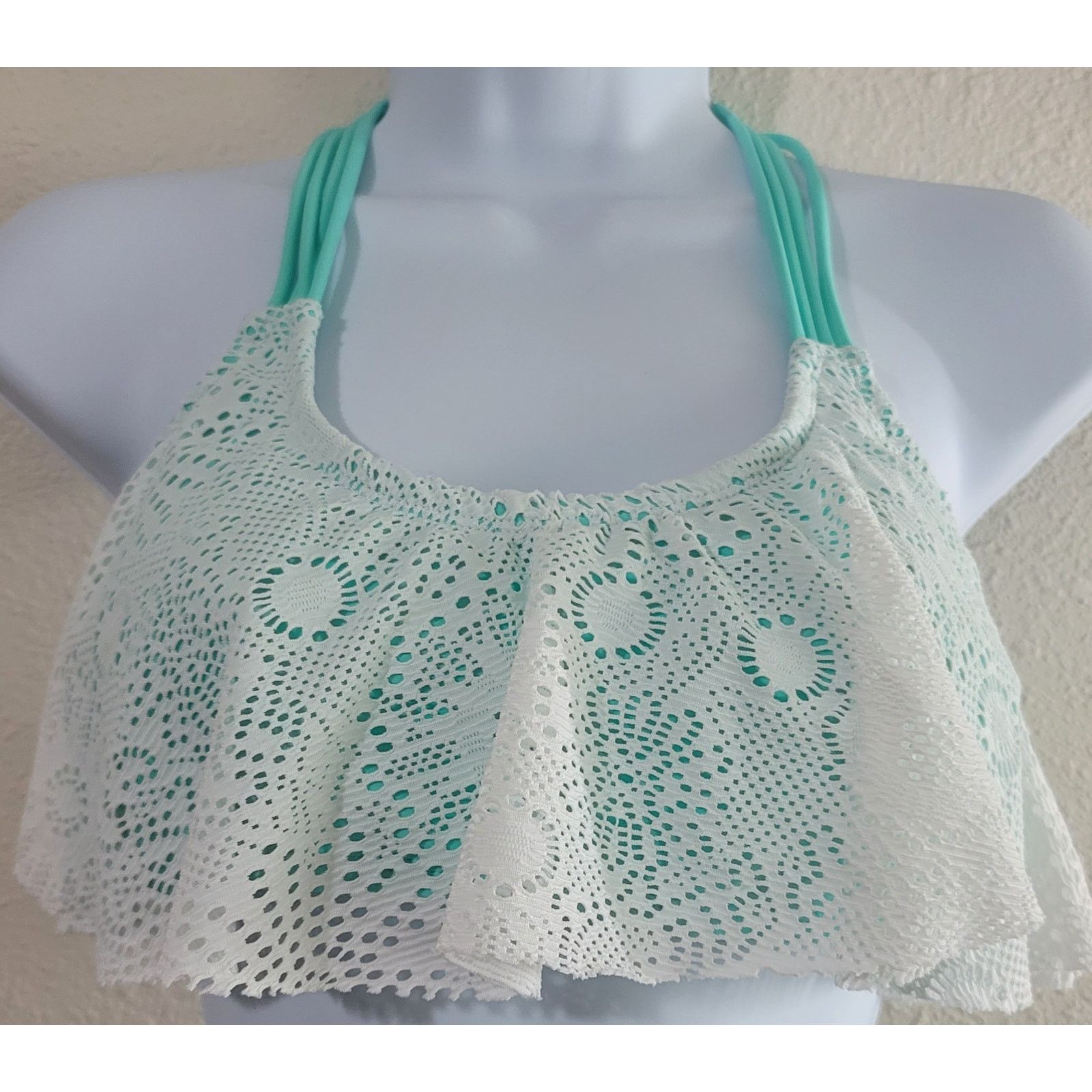 Other Trillium Teal White Lace Flounce Halter Bikini Top Medium Size ONE SIZE - 1 Thumbnail