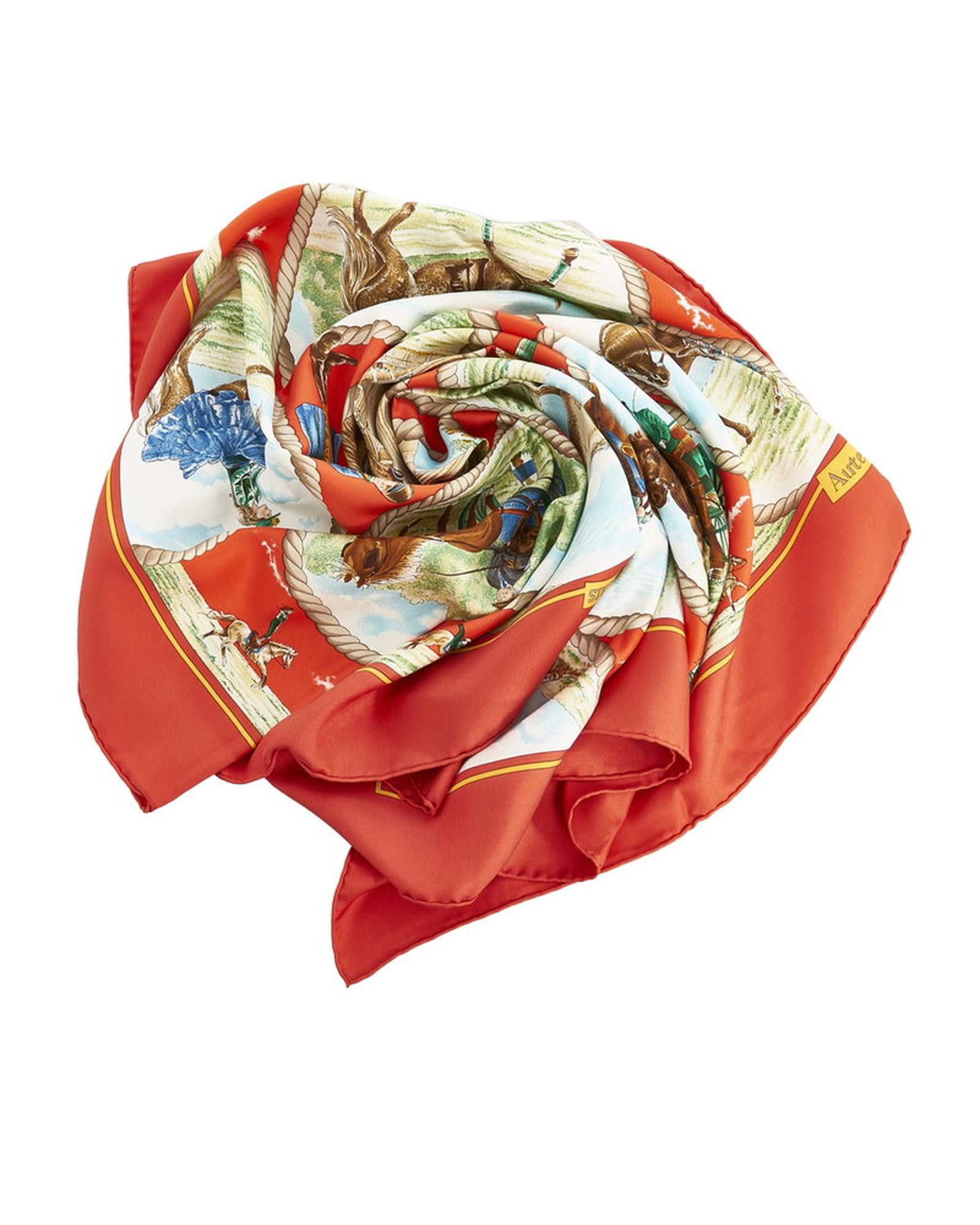 image of Silk Auteuil Scarf With Red Hermes Design, Women's