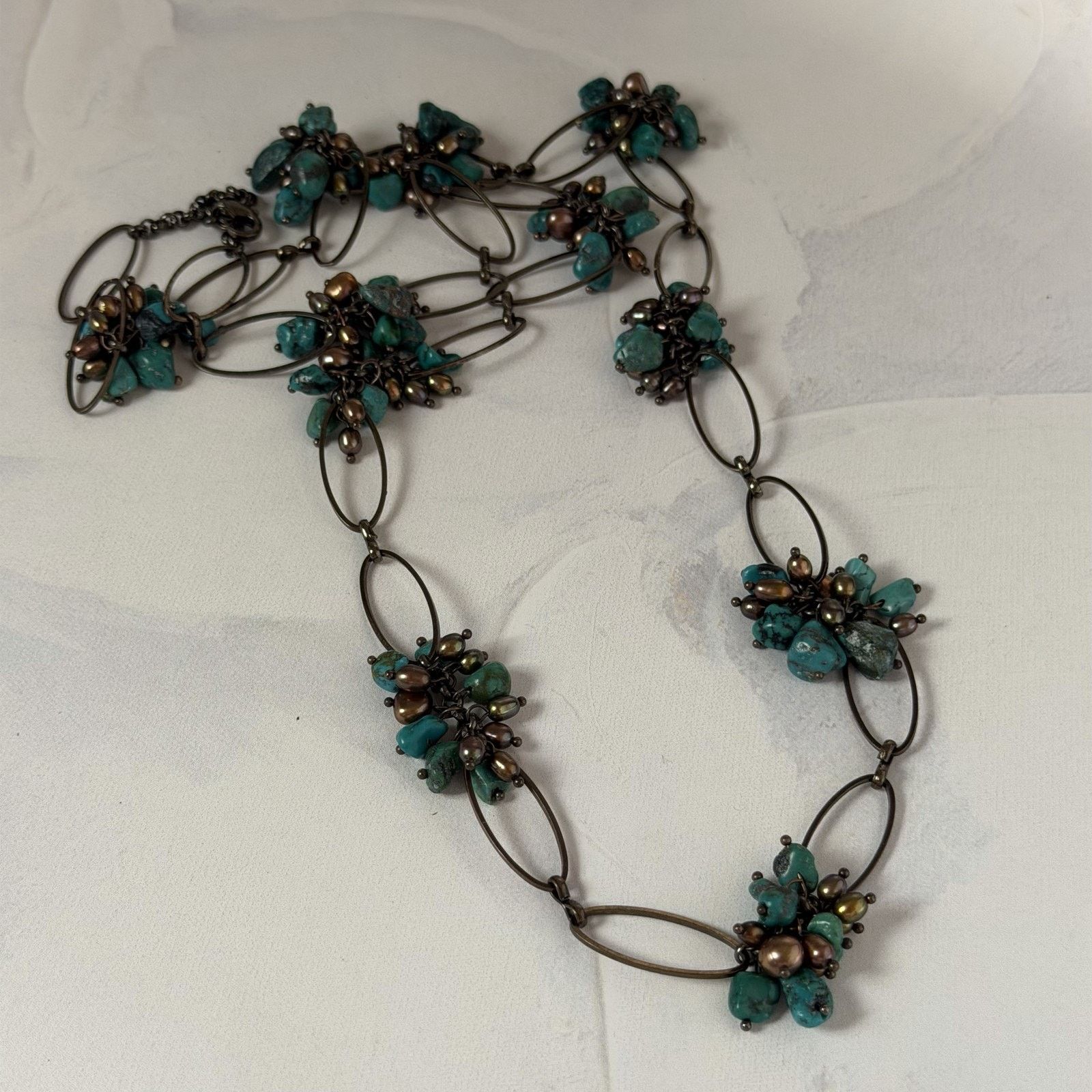Other VTG 1980 Bronze-Tone & Faux Turquoise 34" Oval Link Necklace Size ONE SIZE - 5 Thumbnail