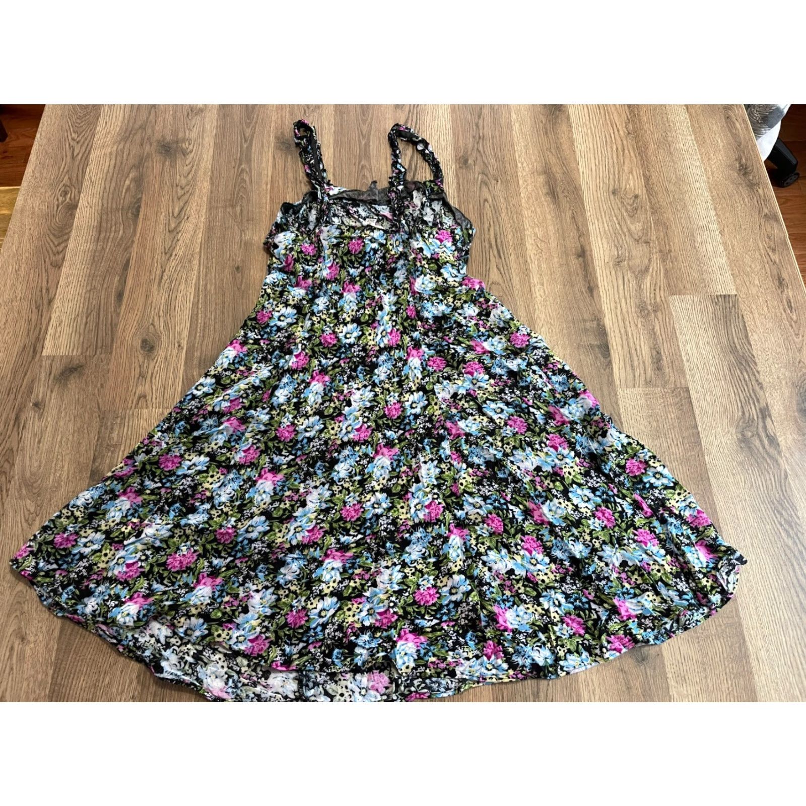 Vintage Karin Stevens Dress, Womens 10, Floral, A-Line, Spaghetti Strap, Sleeveless, Casual, Pink, Black Blue, 10, Regular, Women, Flower, Dress Size L / US 10 / IT 46 - 3 Thumbnail