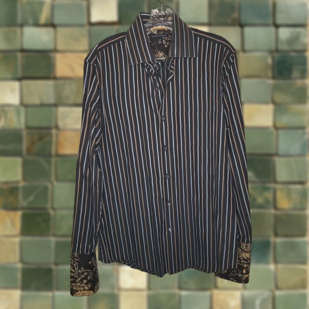 Banana Republic Banana Republic Shirt Brown Striped Long Sleeve Cuff Link Dress Shirt Size M Mens Size 40R - 1 Thumbnail