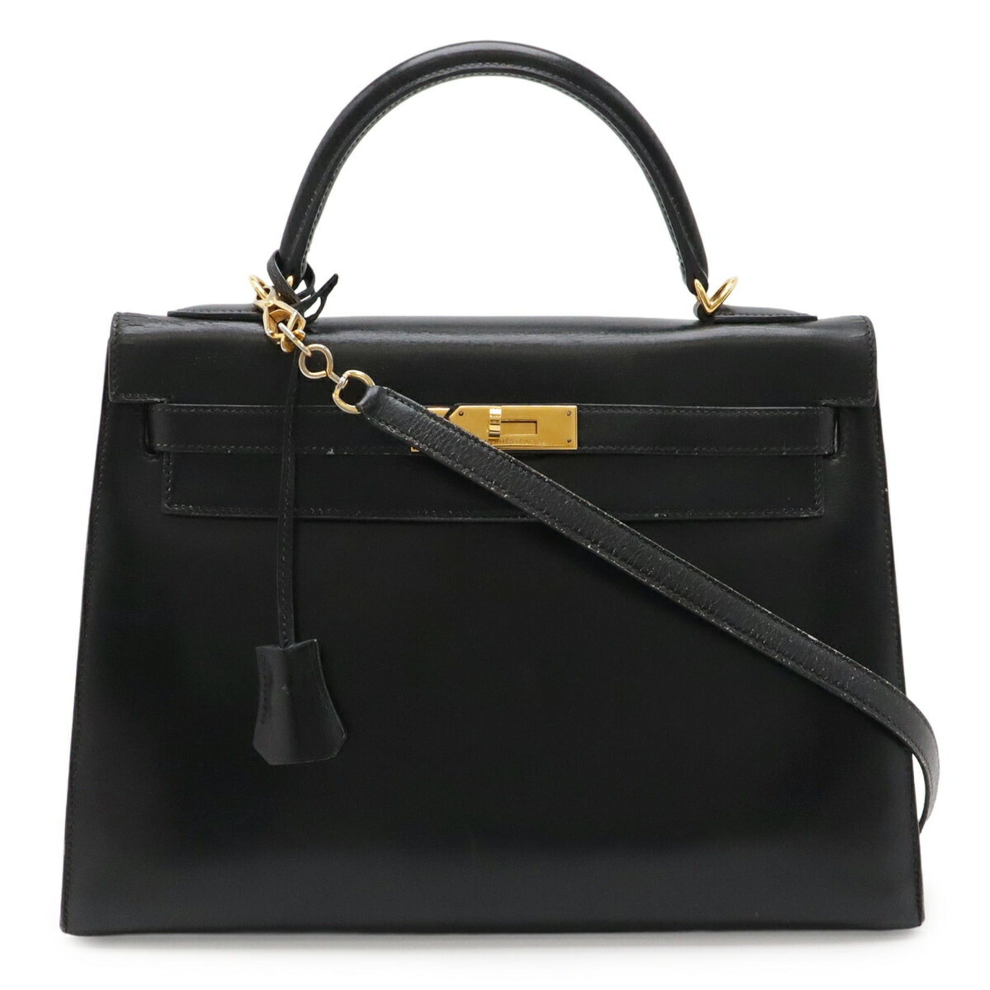 Hermes HERMES Kelly 32 handbag, external stitching, box calf leather, black, with "T" stamp. Size ONE SIZE - 1 Thumbnail
