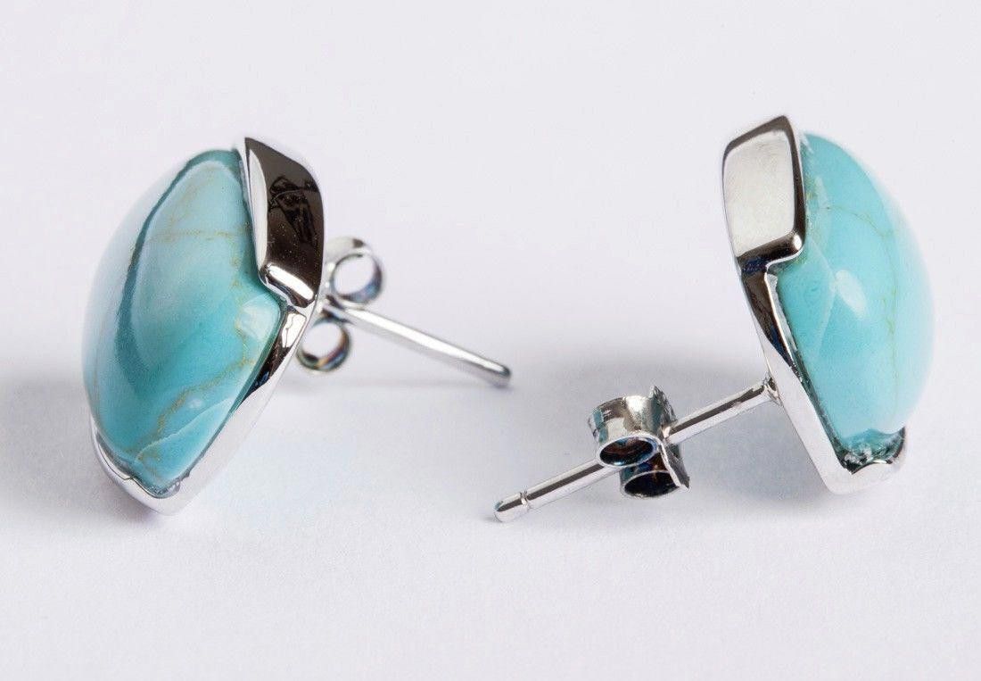 Designer Sterling Silver Oval Turquoise Cabochon Earrings Size ONE SIZE - 2 Thumbnail