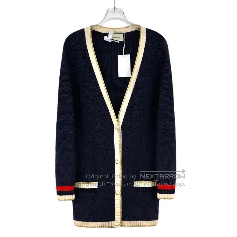 Gucci Black striped trim cotton V-neck single-breasted lon