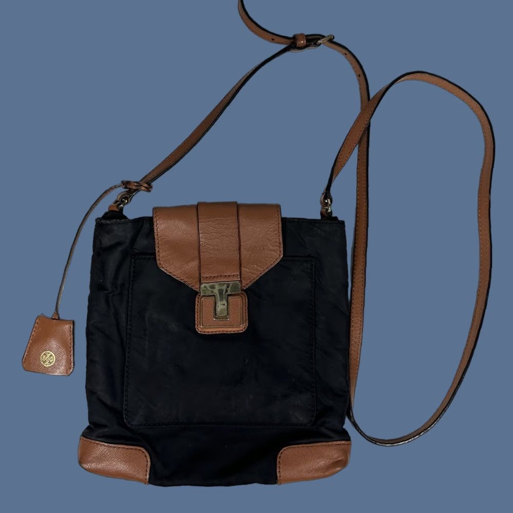 Tory Burch Crossbody Bag Womens Penn Black Nylon Leather Trim Brown Strap Medium Adjustable Casual