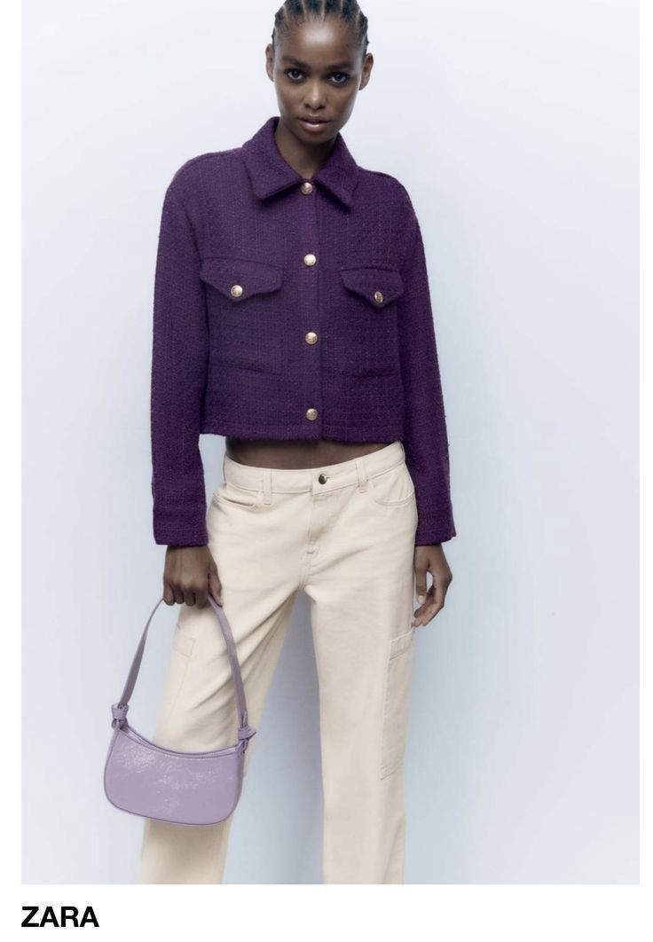 Zara Zara Cropped Tweed Purple Jacket Size S / US 4 / IT 40 - 7 Thumbnail