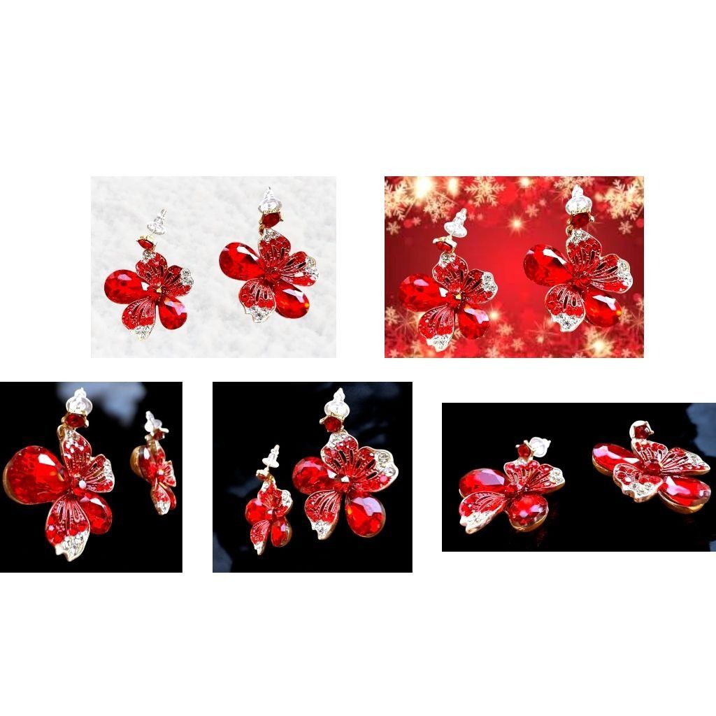 Handmade Red Floral Crystal Necklace Earrings Set New Christmas Jewel Size ONE SIZE - 10 Thumbnail