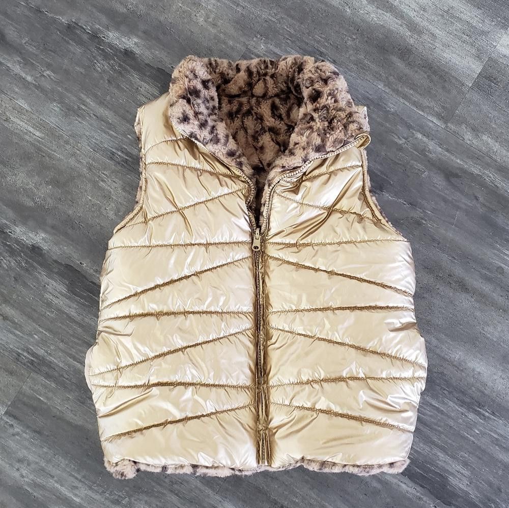 Old Navy Gold Metallic Leopard Fur Reversible Puffer Vest Size S / US 4 / IT 40 - 1 Thumbnail