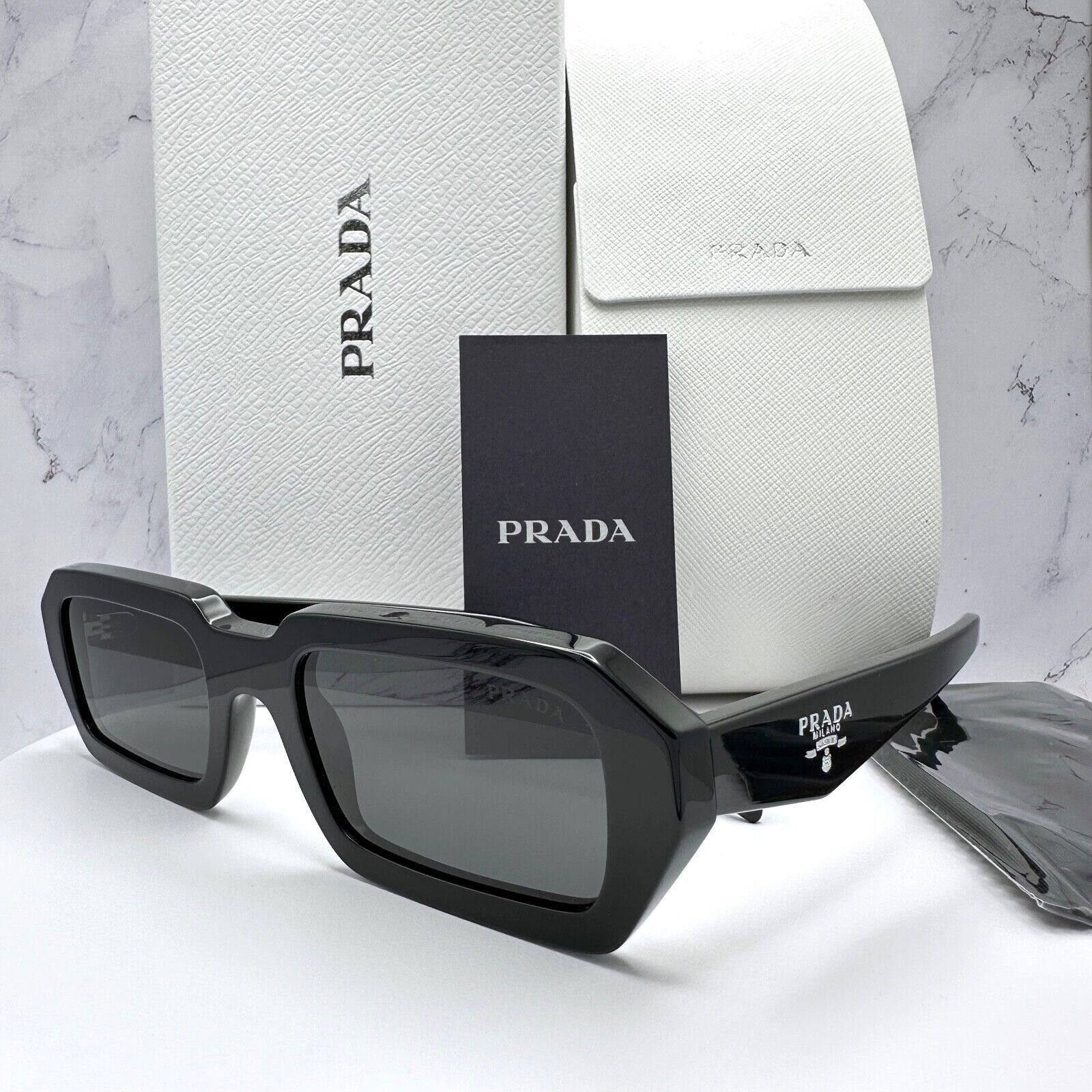 New PRADA Sunglasses Black Symbole PRADA MILANO Logo Square
