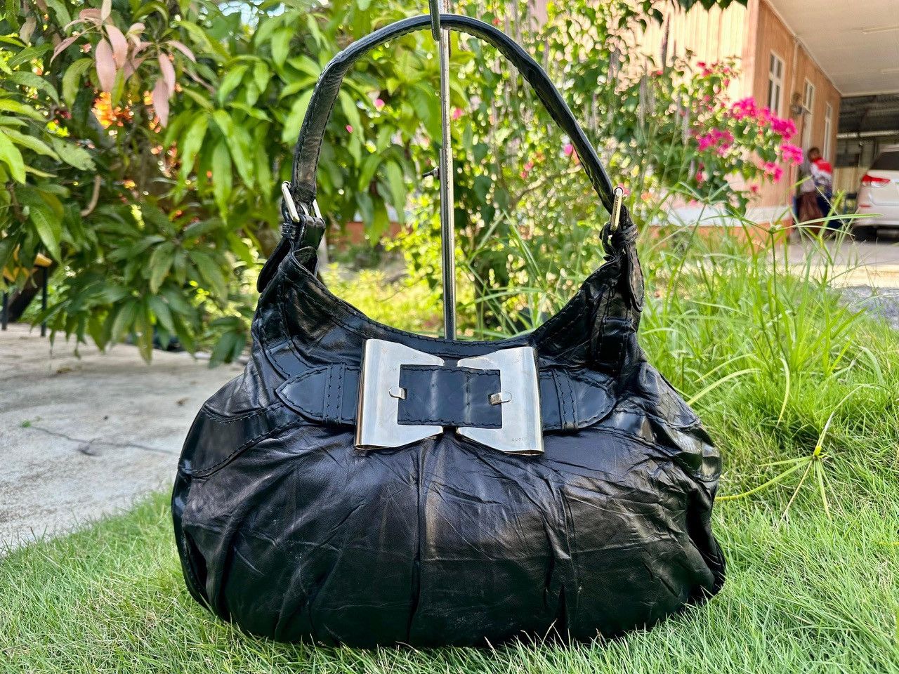 Authentic Gucci Black Dialux Coated Canvas Queen Large Hobo
