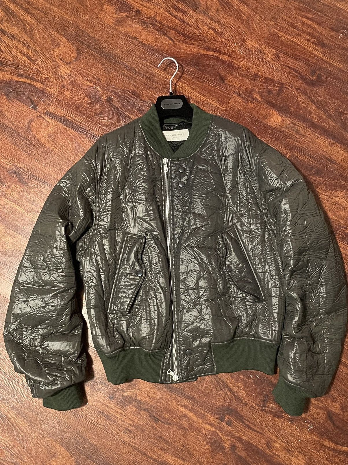 image of Dries Van Noten Crinkle Bomber Jacket in Green, Men's (Size Medium)
