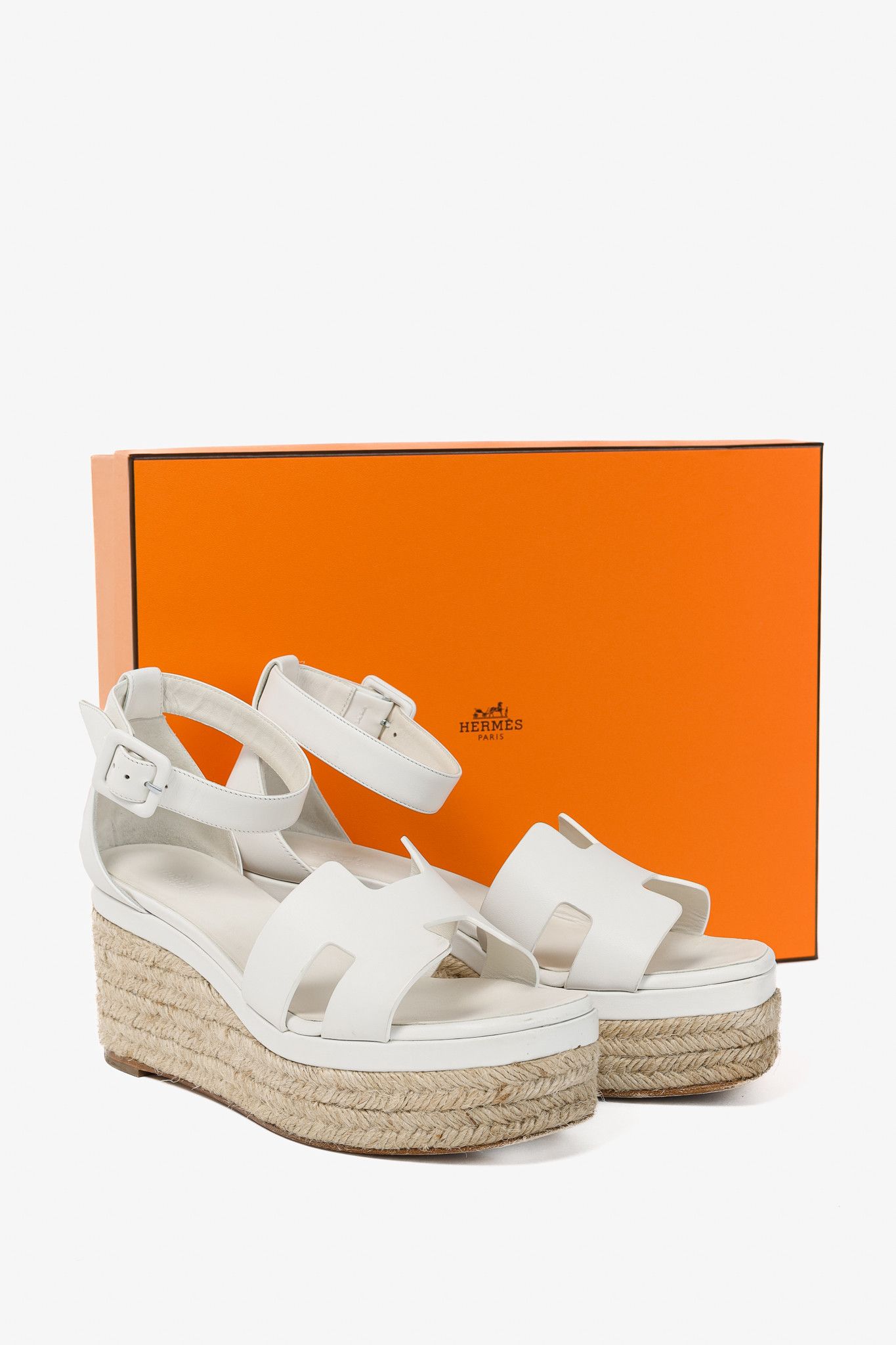 Hermes Hermes Elda White Goatskin Espadrille Wedge "H" Sandals Size US 7.5 / IT 37.5 - 12 Thumbnail