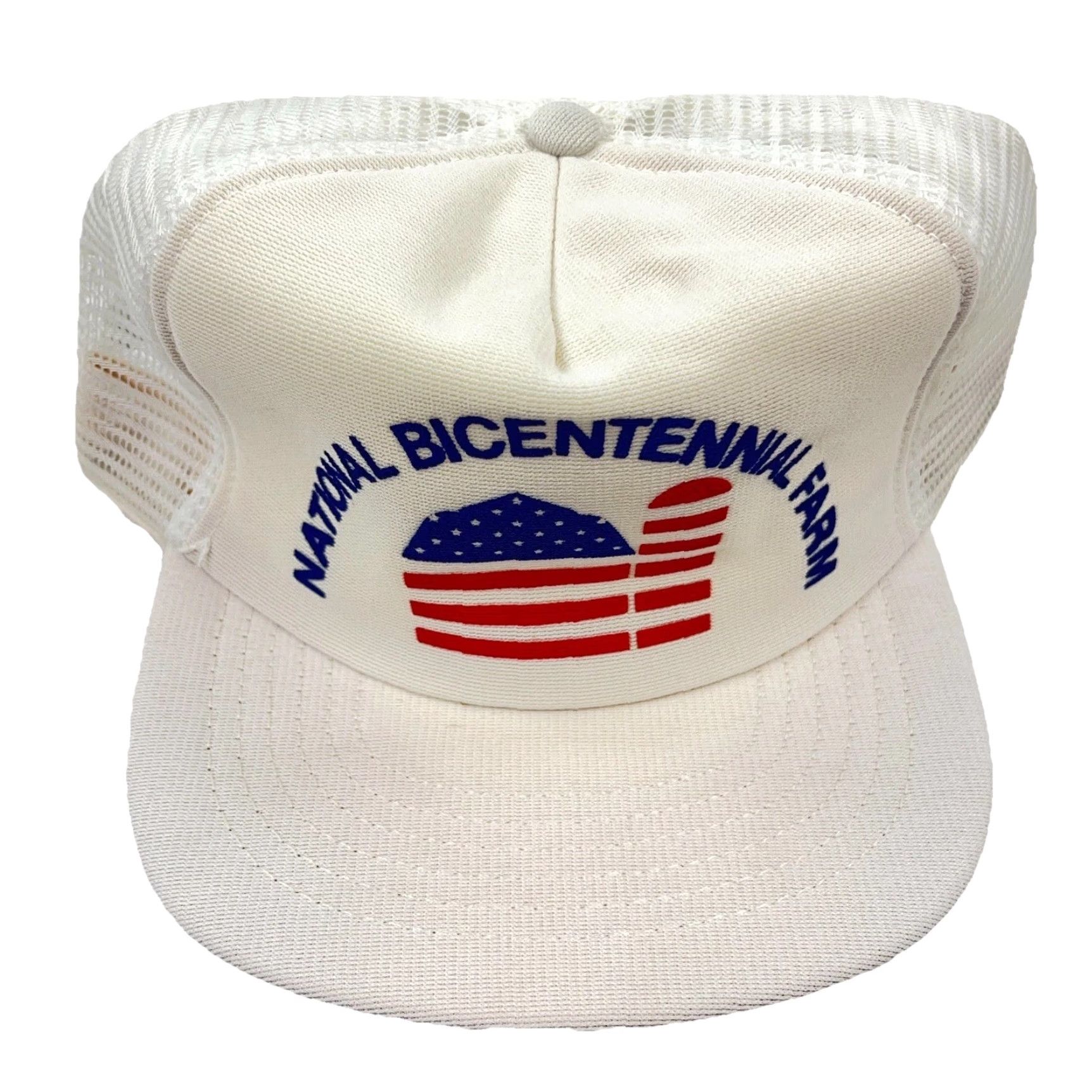 Vintage VINTAGE National Bicentennial Farm Trucker Hat Cap Made In USA White Cotton Twill Adjustable Breathable 80s 90s American Outdoor Logo Classic Mens Cap Size ONE SIZE - 3 Thumbnail