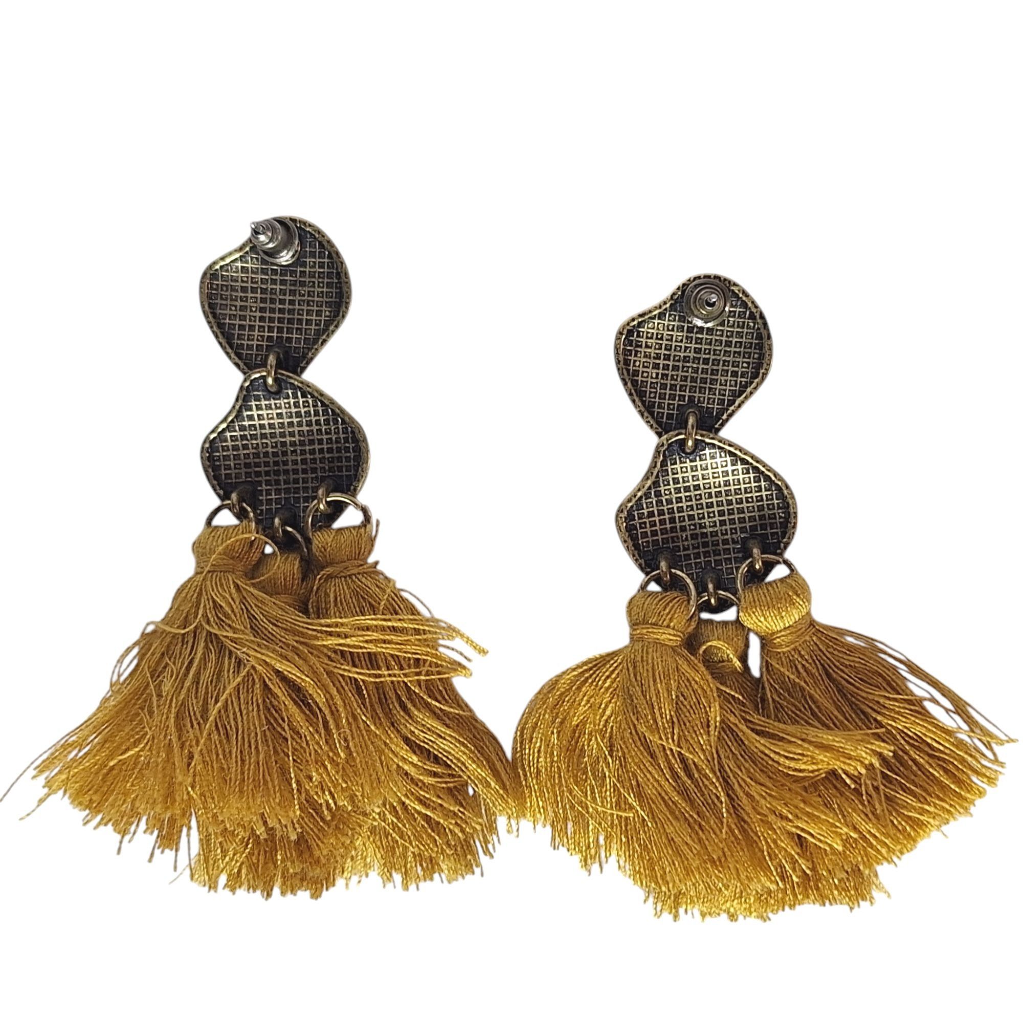 Other Mustard Yellow Tassel Earrings Boho Hammered Bronze Textured Size ONE SIZE - 2 Thumbnail