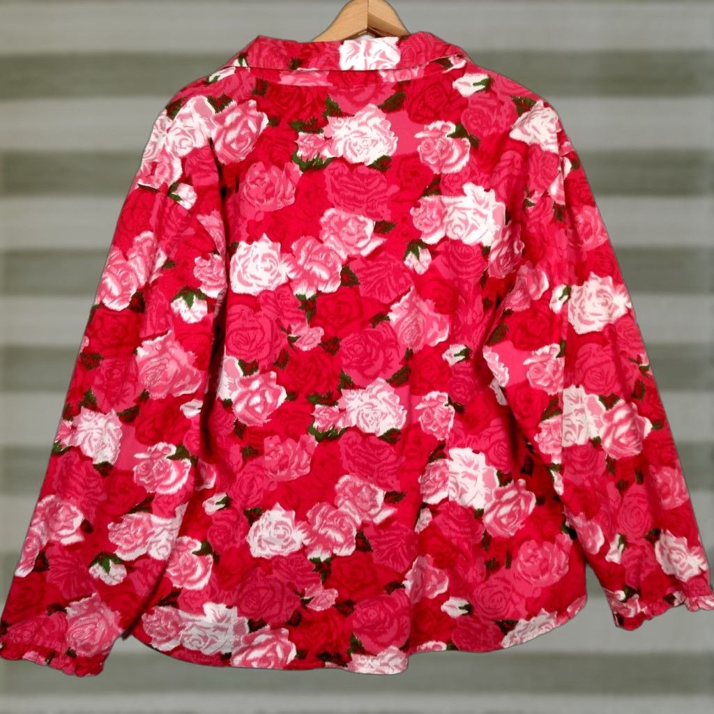 Vintage Pine Cone Hill Fine Linens Blouse XL Pink Red Roses Button Front Ruffled Cuff Womens Size XL / US 12-14 / IT 48-50 - 1 Thumbnail