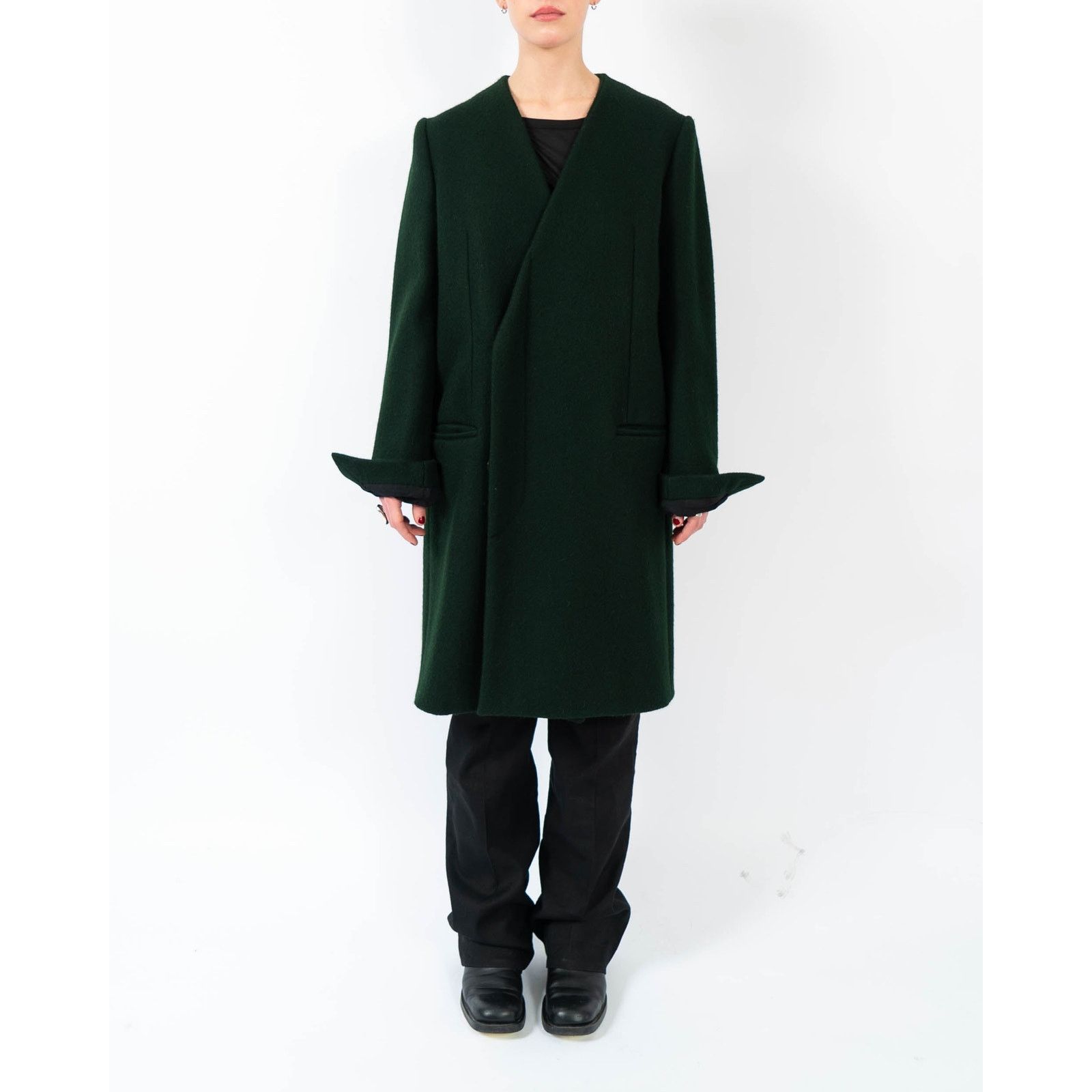 Haider Ackermann FW13 Collarless Overcoat in Green Wool Size S / US 4 / IT 40 - 4 Thumbnail