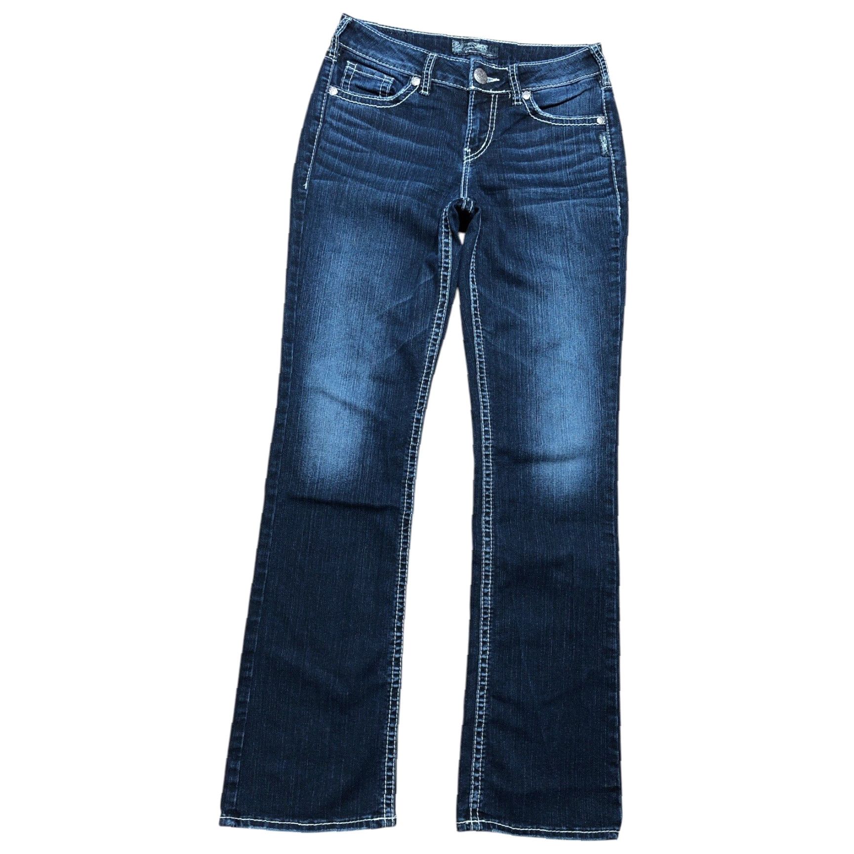 Vintage VINTAGE Silver Suki High Slim Boot Cut Dark Wash Denim Jeans Womens 29 X 32 Jeans Women Slim Bootcut Dark Wash Blue Embroidered Logo 5-Pocket Stretch Size 29" - 2 Thumbnail