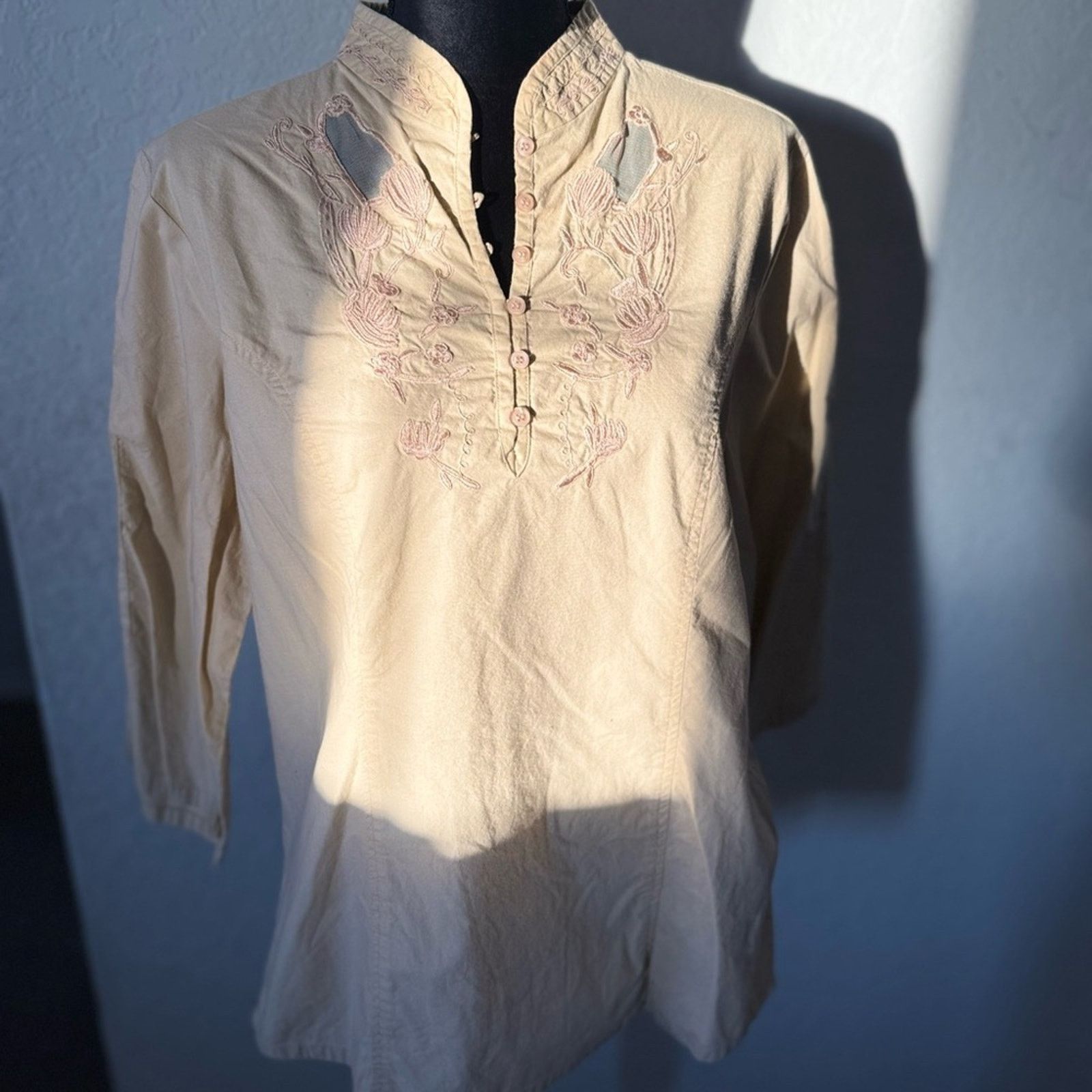 Miles New York Embroidered Beige Women Cotton Blouse peek a boo mesh Size XL / US 12-14 / IT 48-50 - 4 Thumbnail