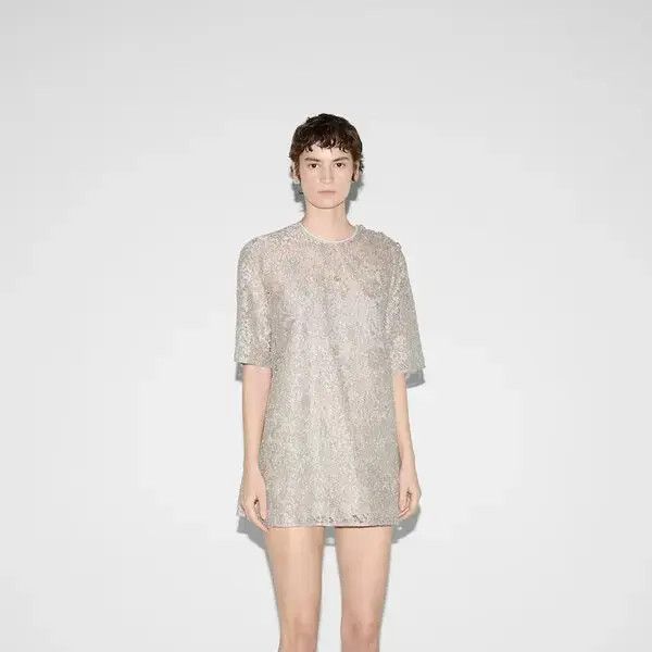 Gucci o1la5ras0526 Floral Lace Lame Short Sleeve Top in Gray Size XS / US 0-2 / IT 36-38 - 3 Thumbnail