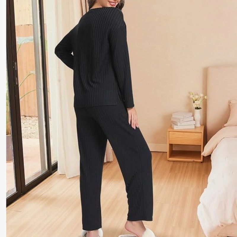 The Unbranded Brand Womens Ribbed Knit Lounge Set Long Sleeve Henley Neck XL Size 38" / US 16 / IT 52 - 2 Thumbnail