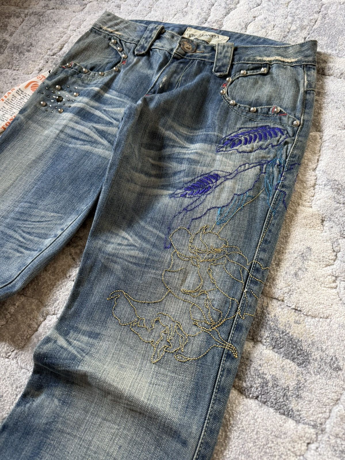 If Six Was Nine Studded Gemstone Claw Mark Muddy Wash Japanese Flared Jeans Size US 29 - 4 Thumbnail