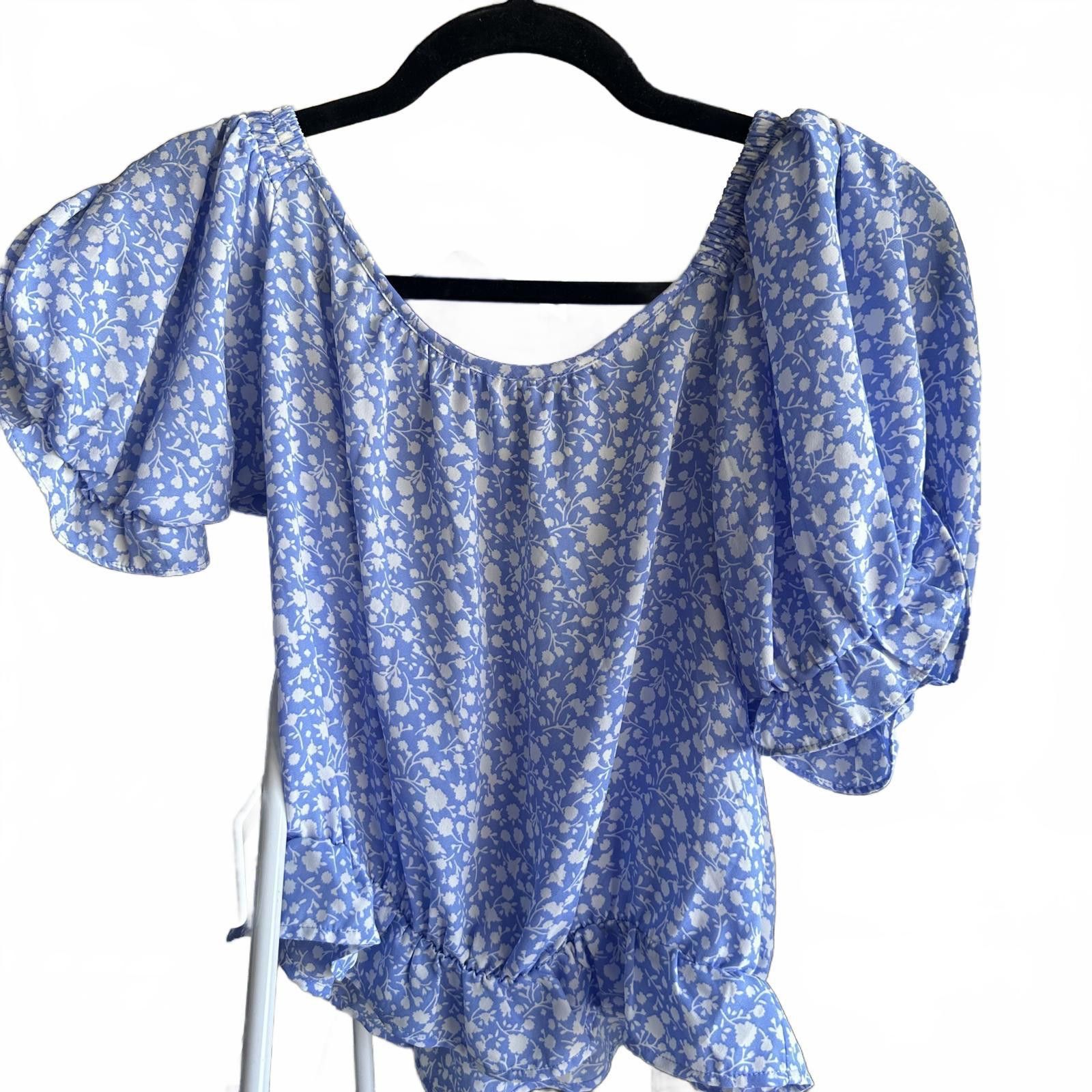 Designer Sienna Sky Floral Puff Sleeve Top - Size L - Classy Blue Size L / US 10 / IT 46 - 1 Thumbnail