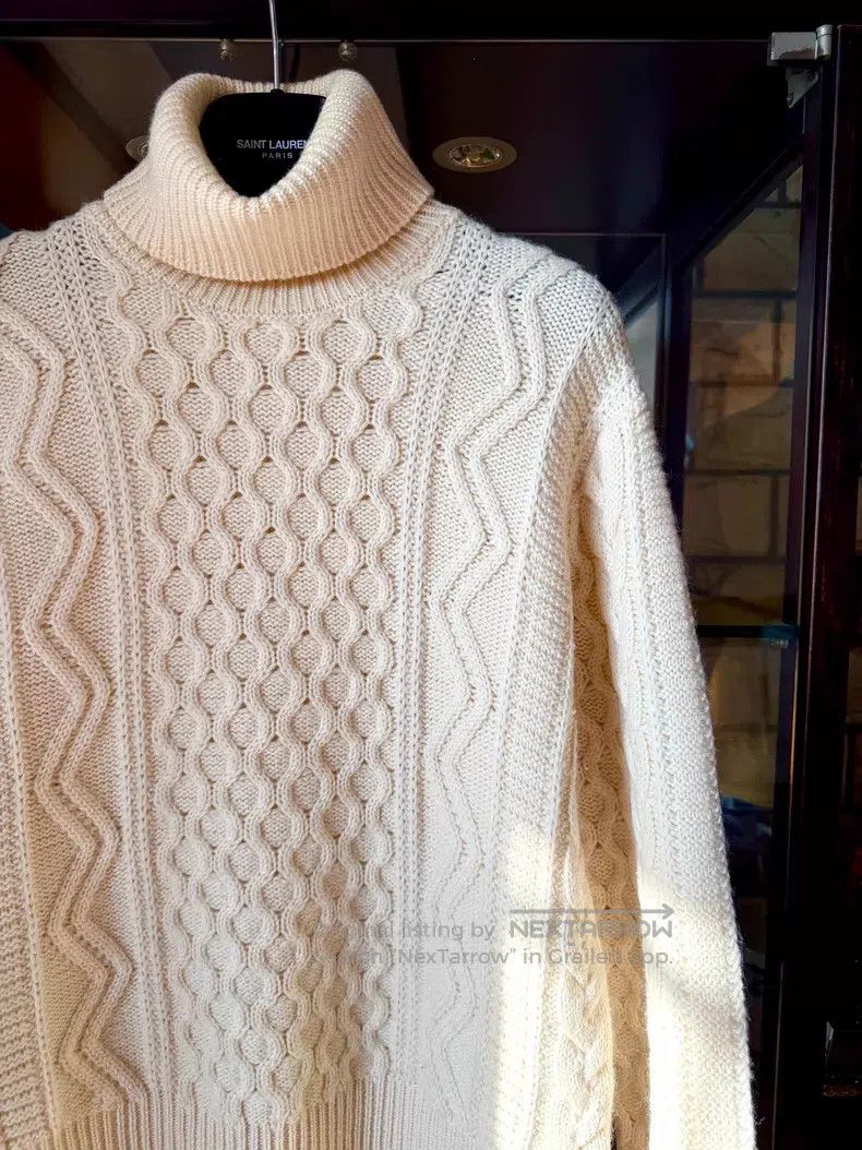 Saint Laurent Paris Saint Laurent Paris Beige Wool High-neck Cable Knit Sweate Size US M / EU 48-50 / 2 - 2 Thumbnail