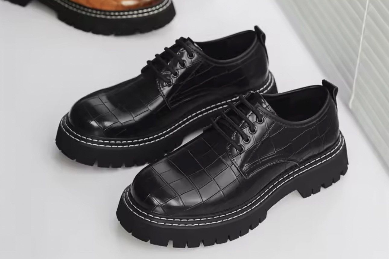 Croc-Embossed Derby Shoes – Chunky Platform Casual Lace-Ups