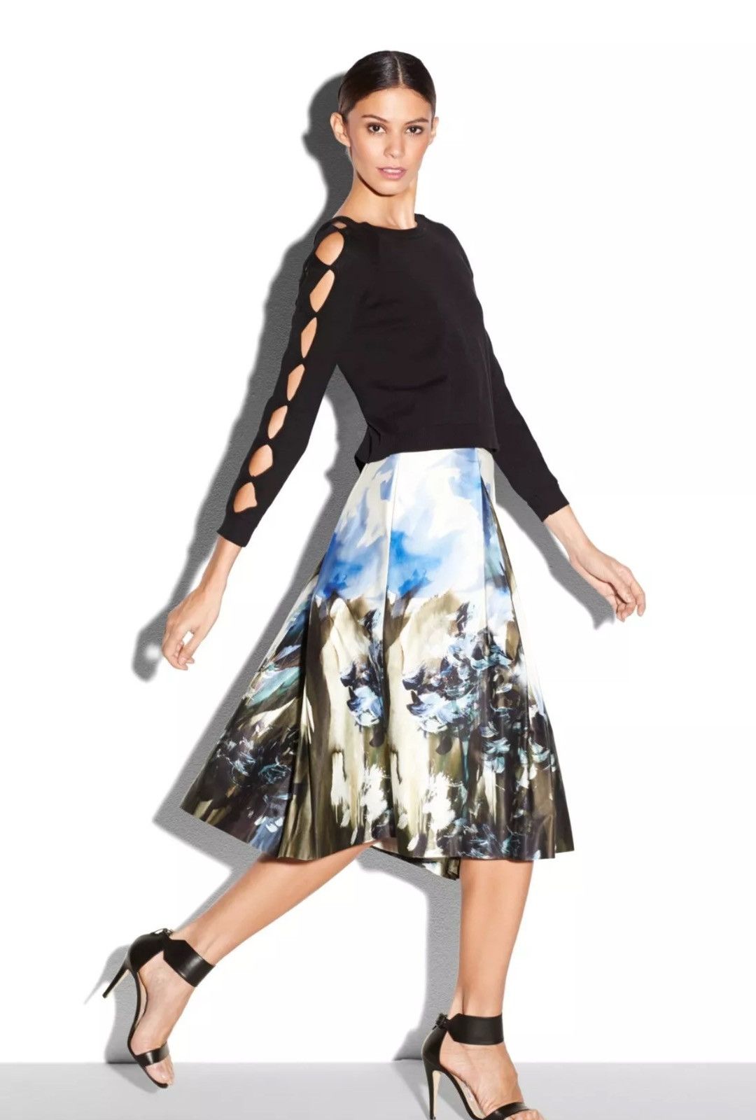 image of NWT Milly Katie Painted Midi 3/4 Skirt In Sky, Size in Blue, Women's