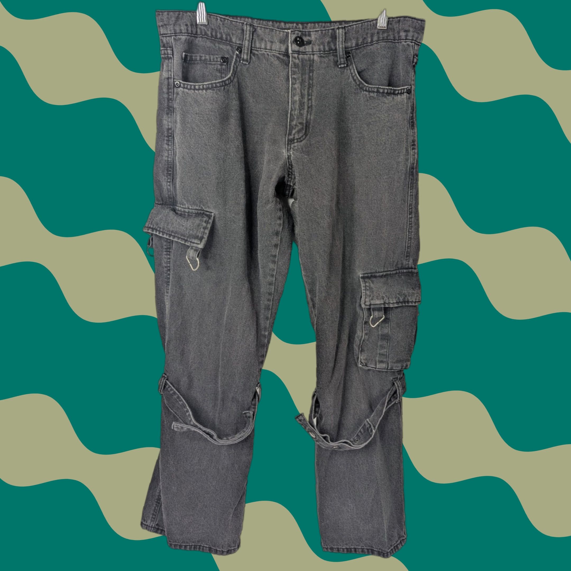 Hot Topic Hot Topic Mens Jeans 34x32 Cargo Jeans Buckle Strappy Pant Goth Punk Emo Distressed Black Cotton Denim Baggy 5-Pocket Mens Regular Modern Wear Size US 34 / EU 50 - 1 Thumbnail