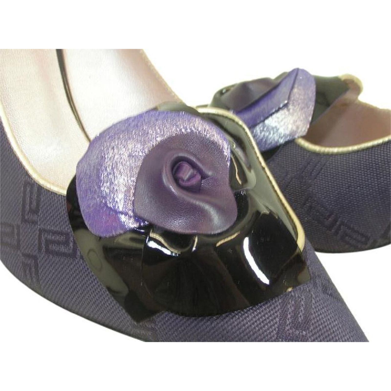 Versace VERSACE PURPLE JACQUARD GREEK KEY LEATHER FLOWER PUMPS 37 Size US 7 / IT 37 - 2 Thumbnail