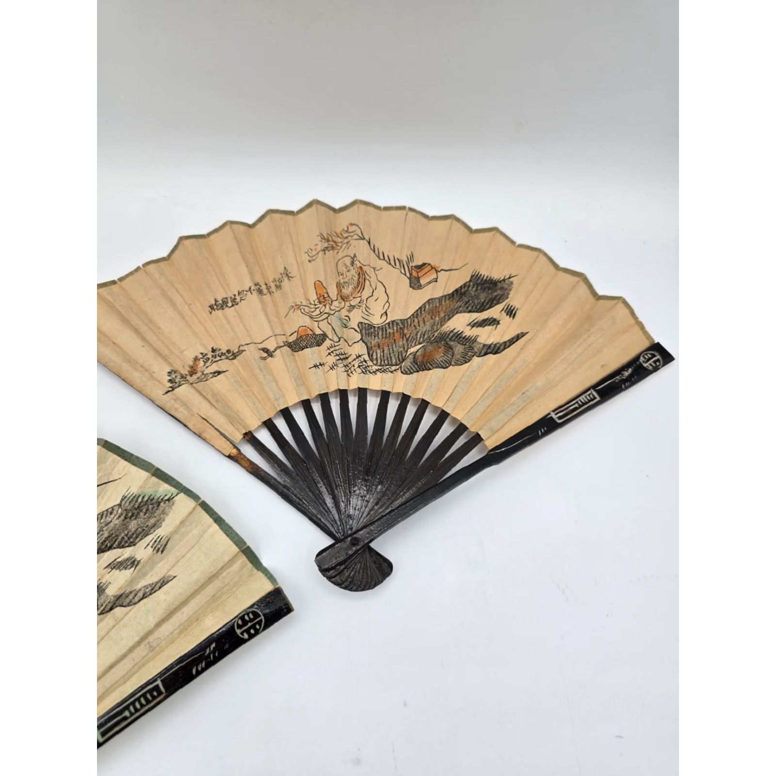 Vintage VTG 3 Lot Matching Chinese Folding Hand Fans Handmade Painted Rice/Bamboo Paper Fans Size ONE SIZE - 4 Thumbnail