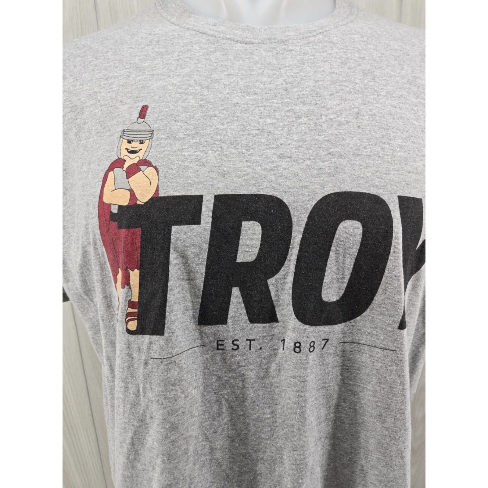 Fruit Of The Loom Troy University Trojans TU Cotton T Shirt Size Large Mens Gray Script Tee 30" Down Back Regular Fit Short Sleeve Size US L / EU 52-54 / 3 - 2 Thumbnail