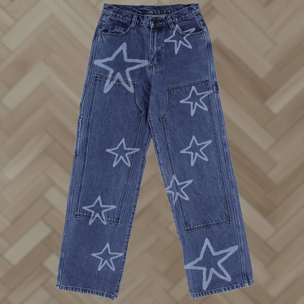 Brain Dead Brain Dead Utility Pants Women's Double Knee Stars Bleached Detailing Indigo Denim Cotton Size 42" / US 20 - 1 Thumbnail