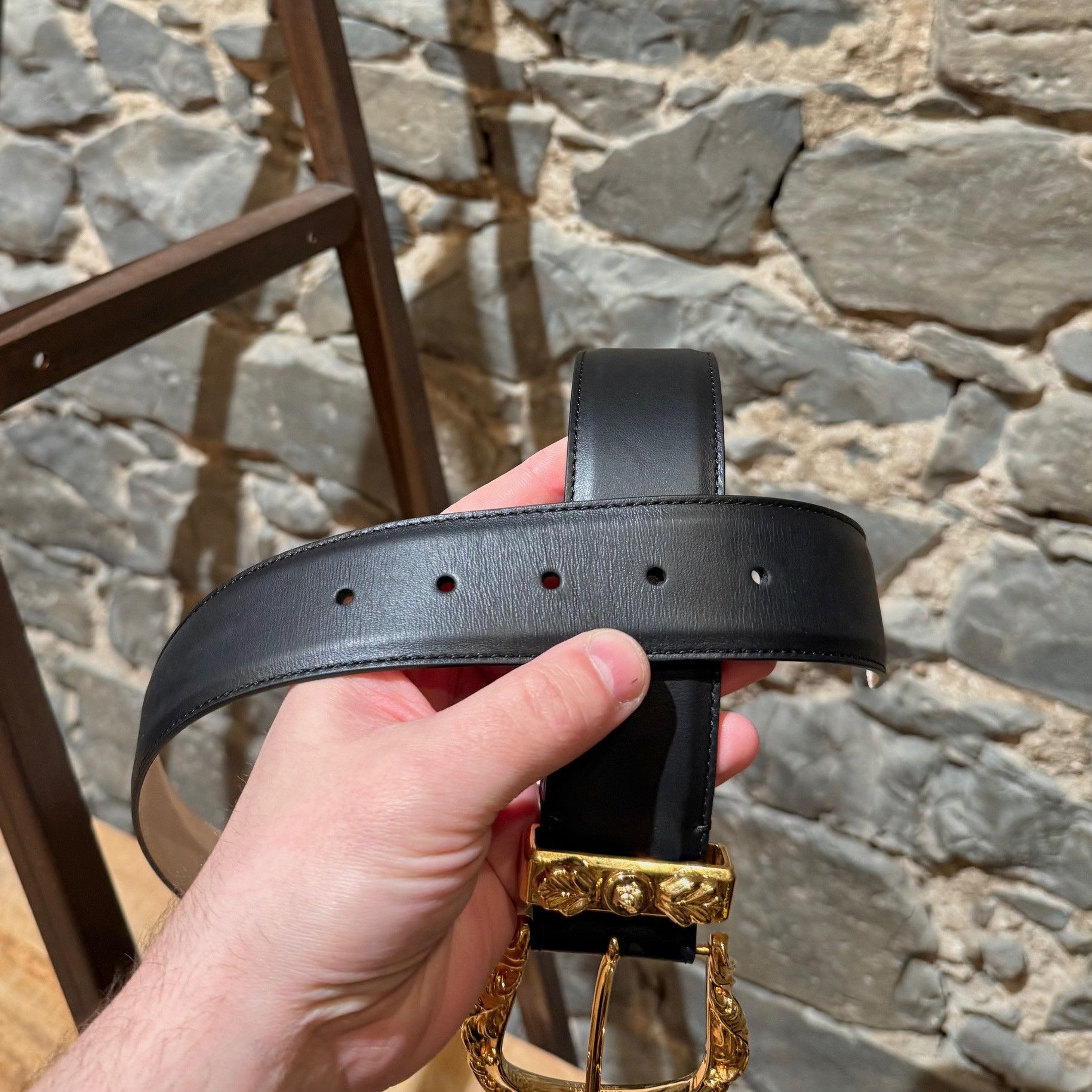 Versace Versace Barocco Medusa Gold Buckle Black Leather Wide Belt Size ONE SIZE - 8 Thumbnail