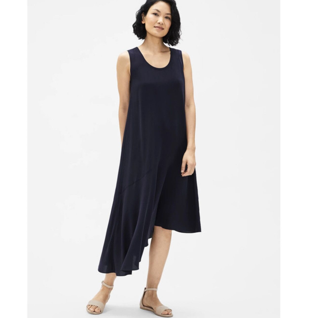 Eileen Fisher Eileen Fisher Silk Georgette Navy Blue Asymmetric Dress Size S / US 4 / IT 40 - 1 Thumbnail