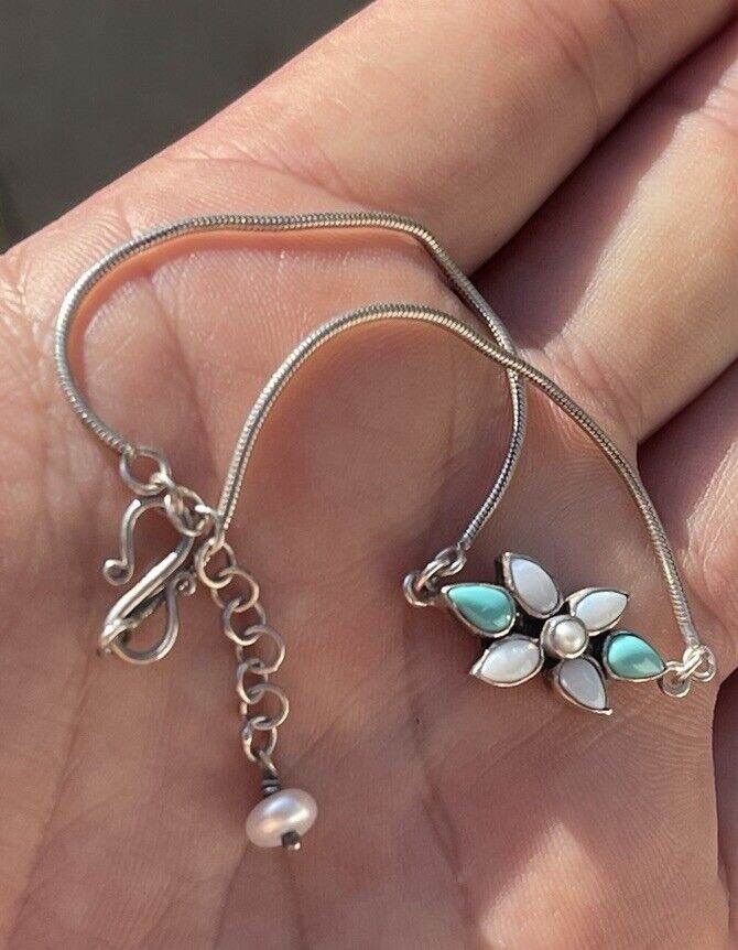 Native × Vintage Native American Zuni Sterling Silver Turquoise MOP Flower Bracelet 925SI Vtg Size ONE SIZE - 3 Thumbnail