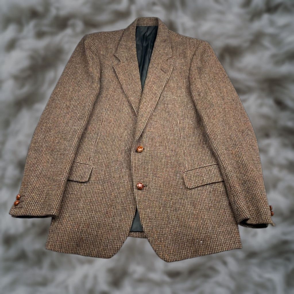 Vintage VINTAGE Henry Grethel Blazer Men’s 42 Long 100% Wool Tweed 2-Button Leather Brown Mens Regular Coat Jacket Size 42R - 1 Thumbnail